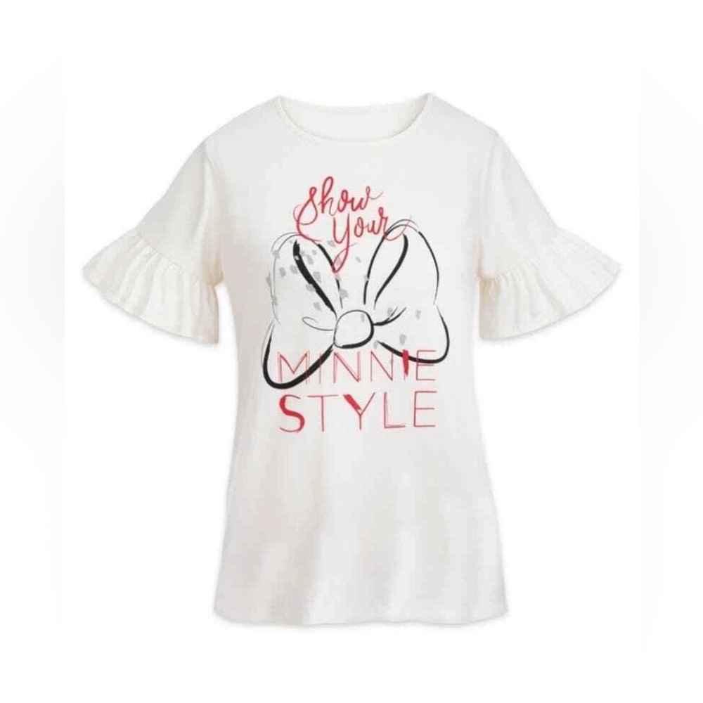 Disney Parks Minnie Mouse Show Your Minnie Style Bow Ruffle Shirt Cream NWT